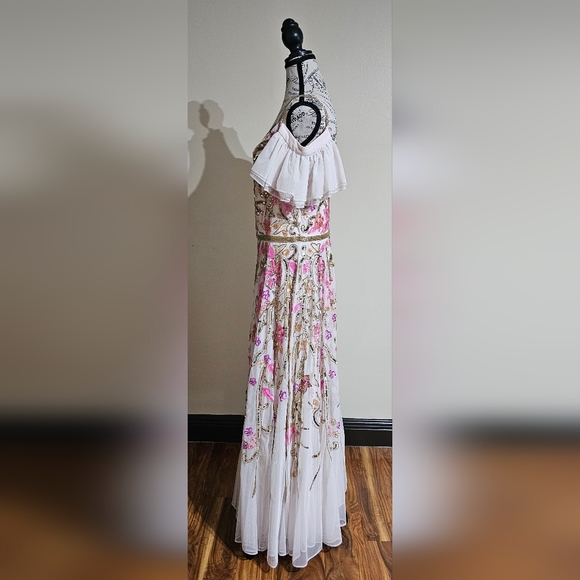 Mac Duggal V Neck Floral Embellished Gown with Flutter Sleeves - Picture 9 of 16